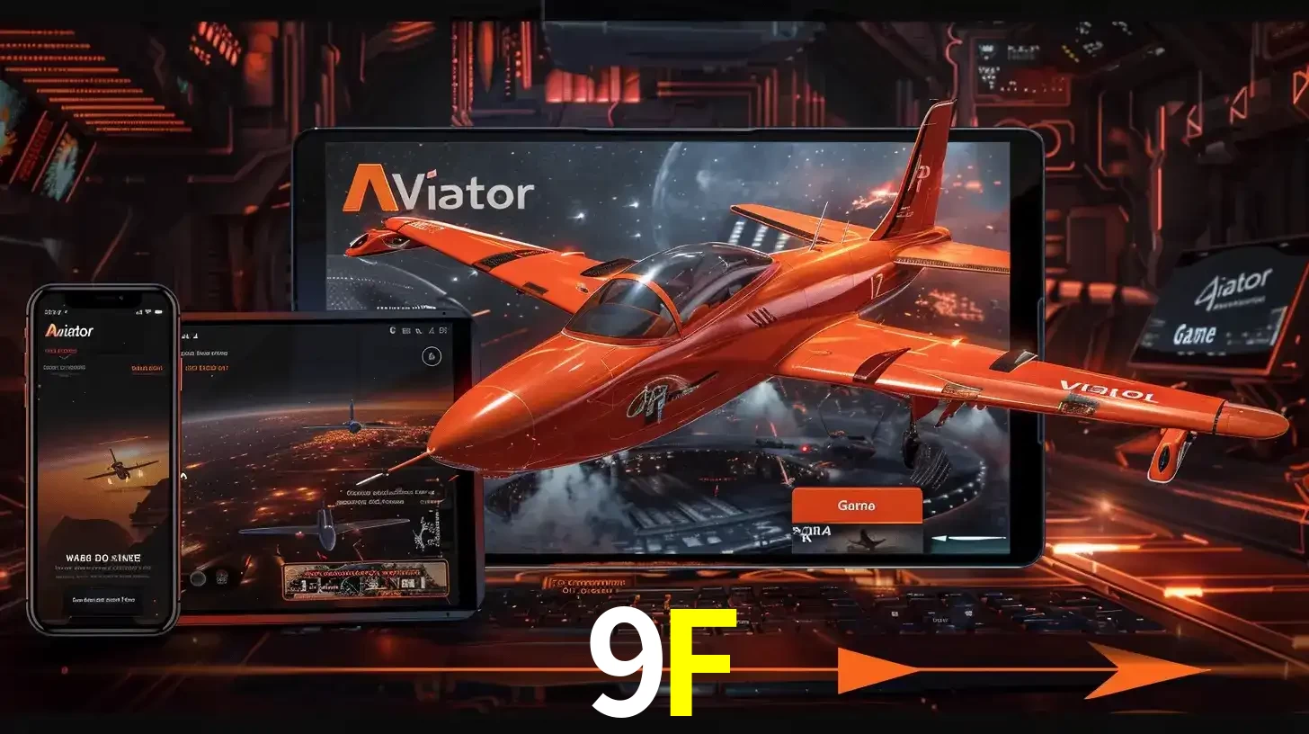Apresentação tecnológica do jogo Aviator com um avião saindo da tela de um tablet, demonstrando a experiência imersiva em múltiplos dispositivos no 9F.