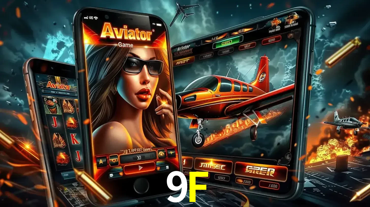 O popular jogo de apostas Aviator exibido em vários celulares e tablets, mostrando a interface emocionante e a ação de voo disponíveis para jogar agora no 9F.