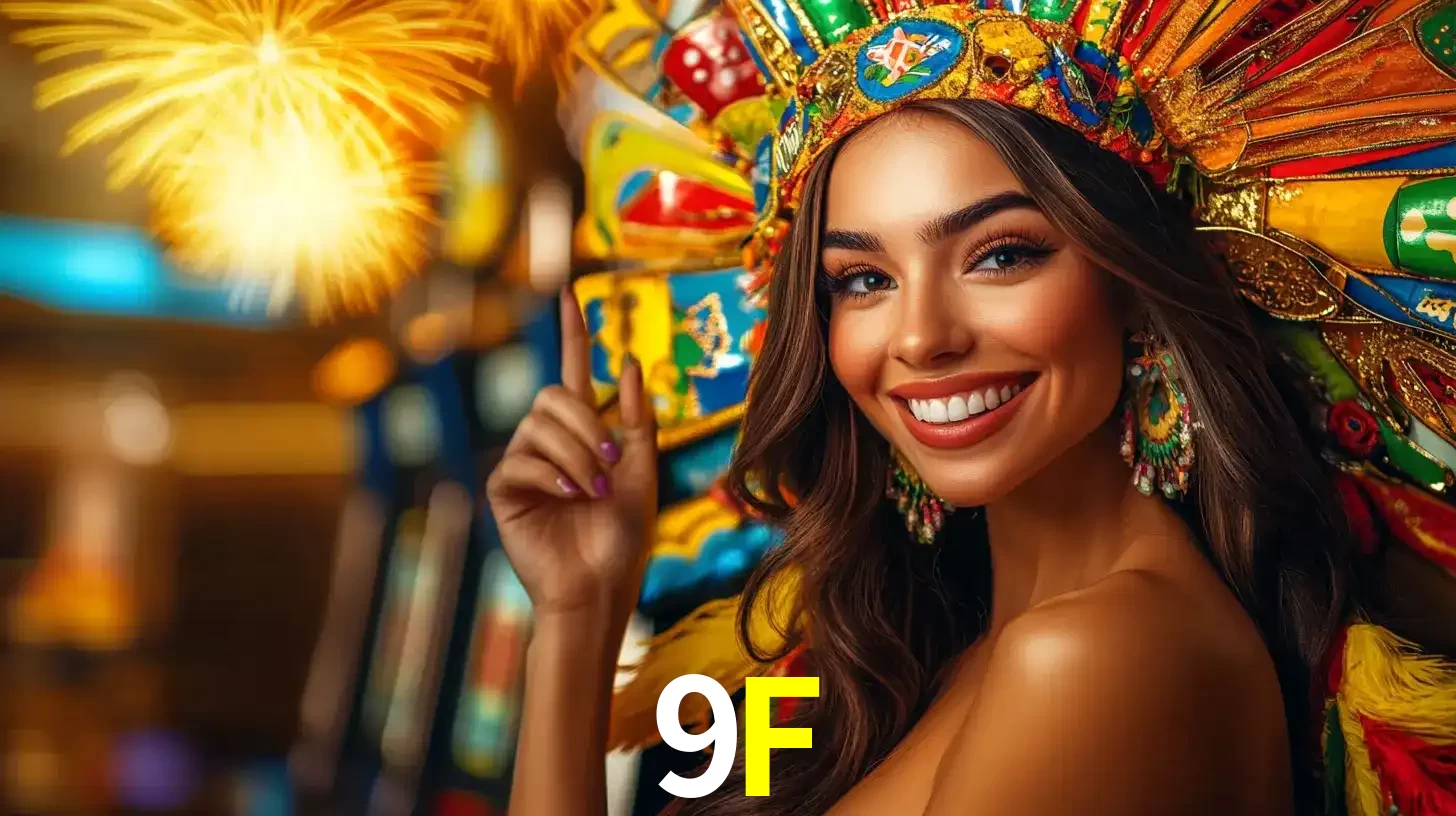 Mulher sorridente com um cocar de carnaval vibrante e colorido, celebrando uma grande vitória nos jogos do cassino 9F com fogos de artifício ao fundo.