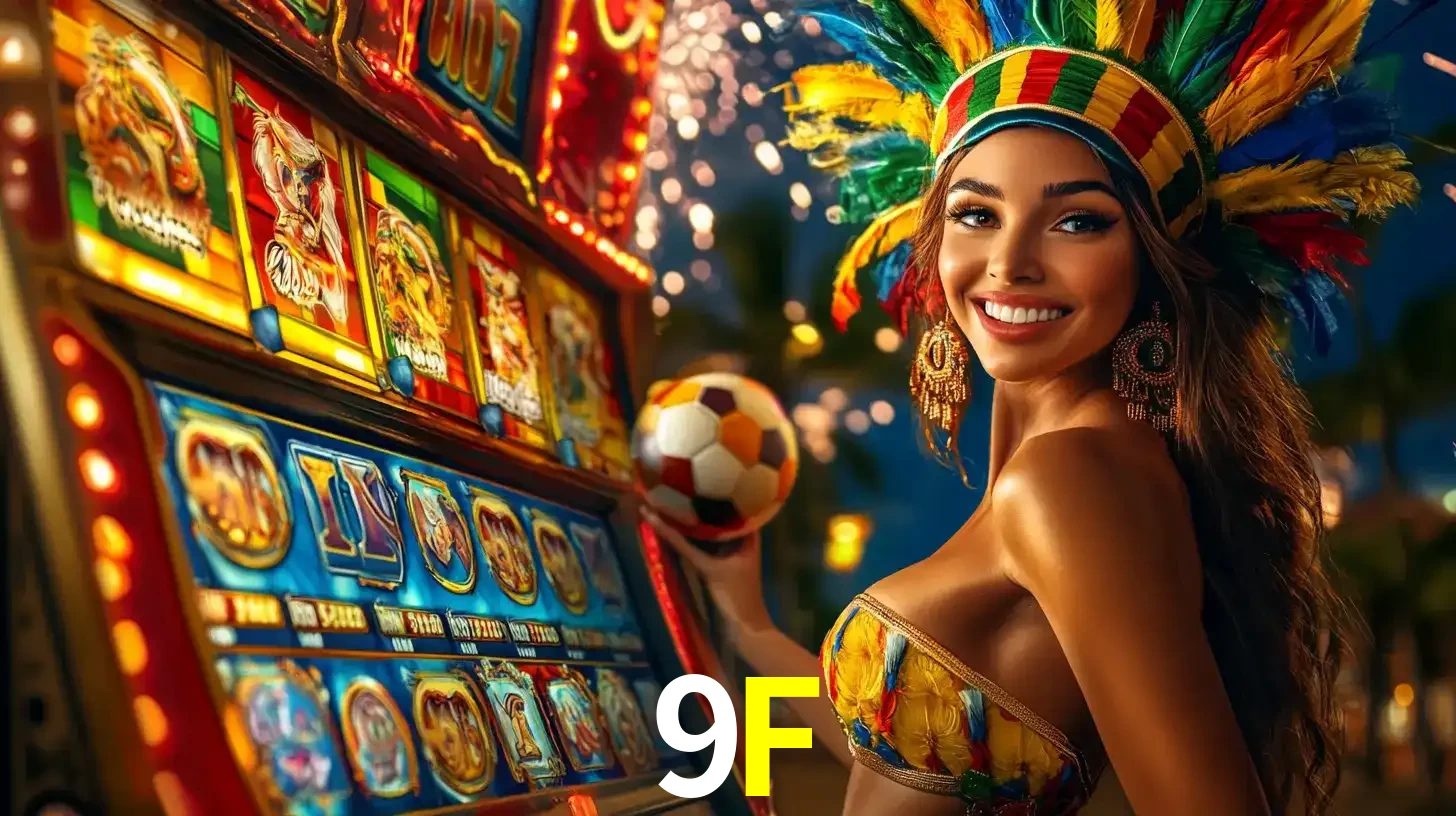 Mulher com um cocar de carnaval ao lado de uma máquina de caça-níqueis enquanto segura uma bola de futebol, mostrando a união da diversão de cassino e esportes no 9F.