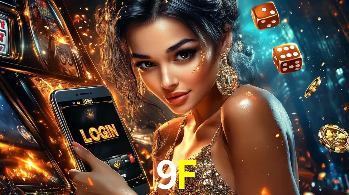 Mulher glamourosa segurando um celular com a tela de login do cassino 9F, rodeada por dados e moedas douradas, pronta para começar a diversão.