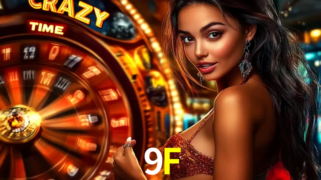 Mulher ao lado da roda de prêmios do jogo de cassino ao vivo Crazy Time, um dos shows de jogos mais emocionantes oferecidos pela plataforma de apostas 9F.