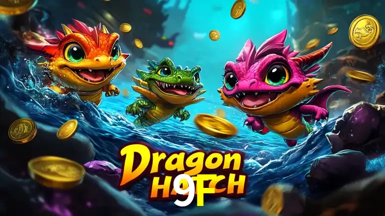 Arte promocional do jogo Dragon Hatch com três adoráveis dragões bebês nadando entre moedas de ouro, um dos slots mais divertidos para jogar no cassino 9F.