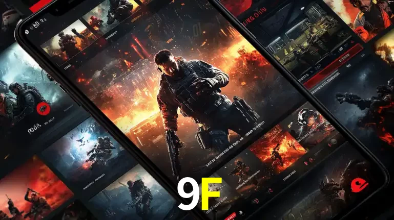 Tela de um celular exibindo uma galeria de jogos de tiro com temática militar, mostrando a variedade de e-sports disponíveis para apostas na plataforma de entretenimento 9F.