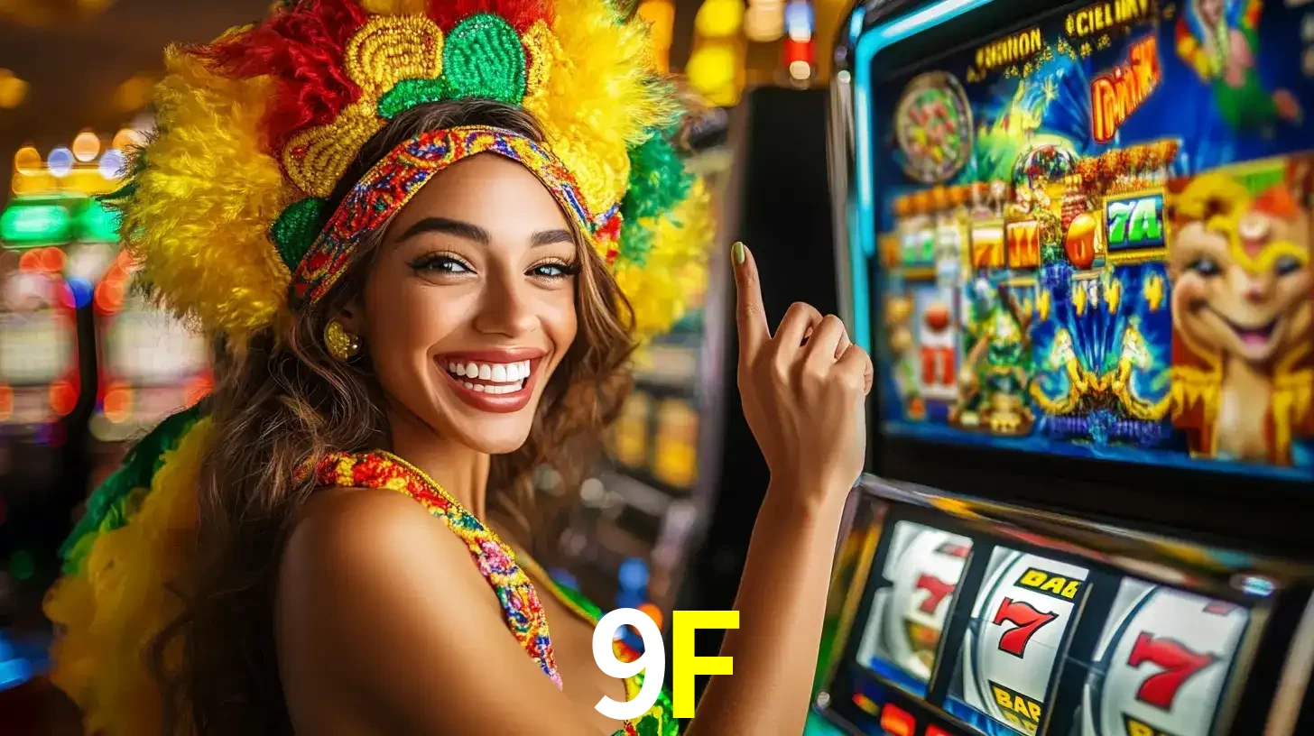 Mulher animada com um cocar de carnaval apontando para uma máquina de caça-níqueis, mostrando a emoção de ganhar um grande prêmio nos jogos do 9F.