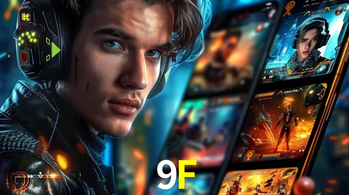 Jovem jogador com fones de ouvido olhando para a câmera, com um aplicativo de jogos e e-sports para celular ao fundo, pronto para a competição e apostas no 9F.