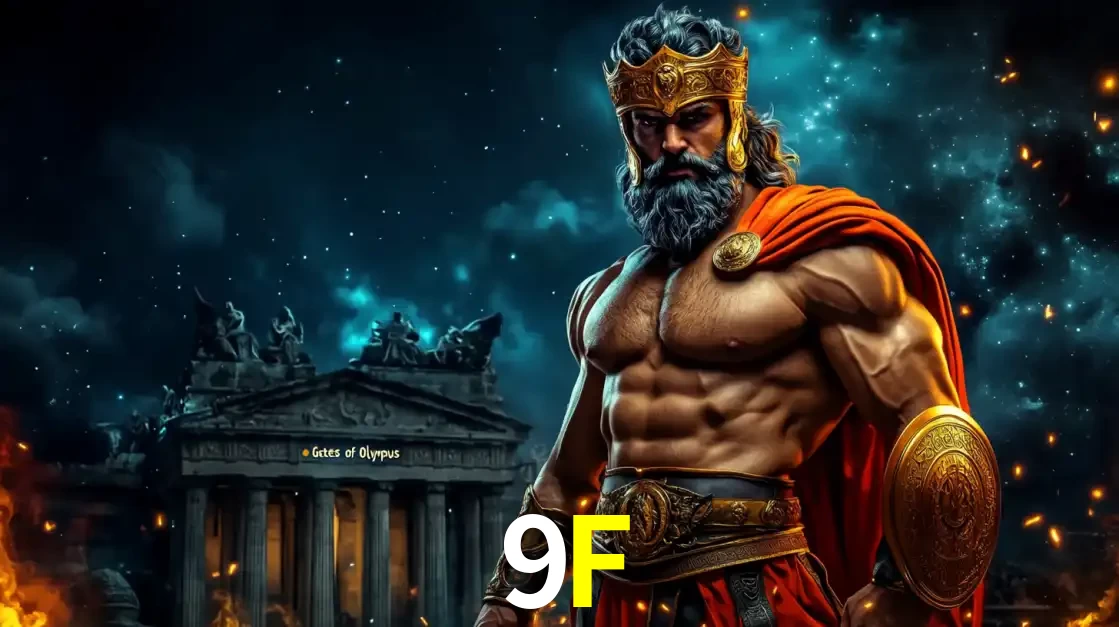 O poderoso Zeus do jogo de slot Gates of Olympus em frente ao seu templo, pronto para lançar multiplicadores divinos e prêmios épicos no cassino online 9F.