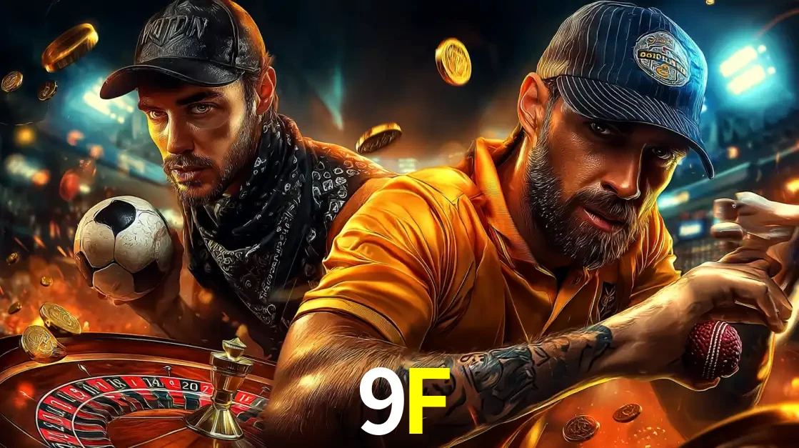 Montagem de apostas esportivas e cassino no 9F, com um homem segurando uma bola de futebol e outro uma de beisebol sobre uma roleta e moedas voadoras.