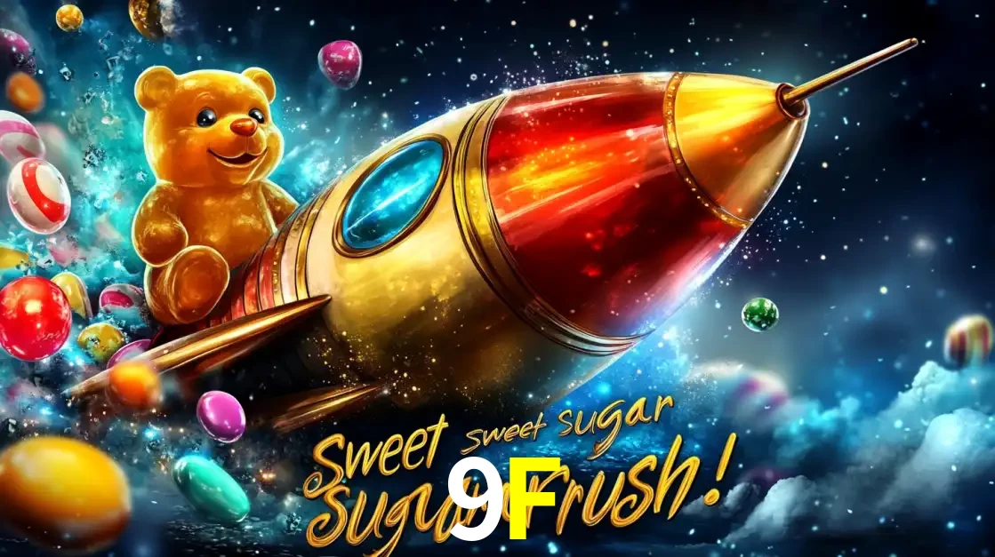 Arte promocional do jogo de slot Sugar Rush, com um urso de pelúcia em um foguete viajando pelo espaço de doces, um dos jogos divertidos disponíveis no cassino 9F.