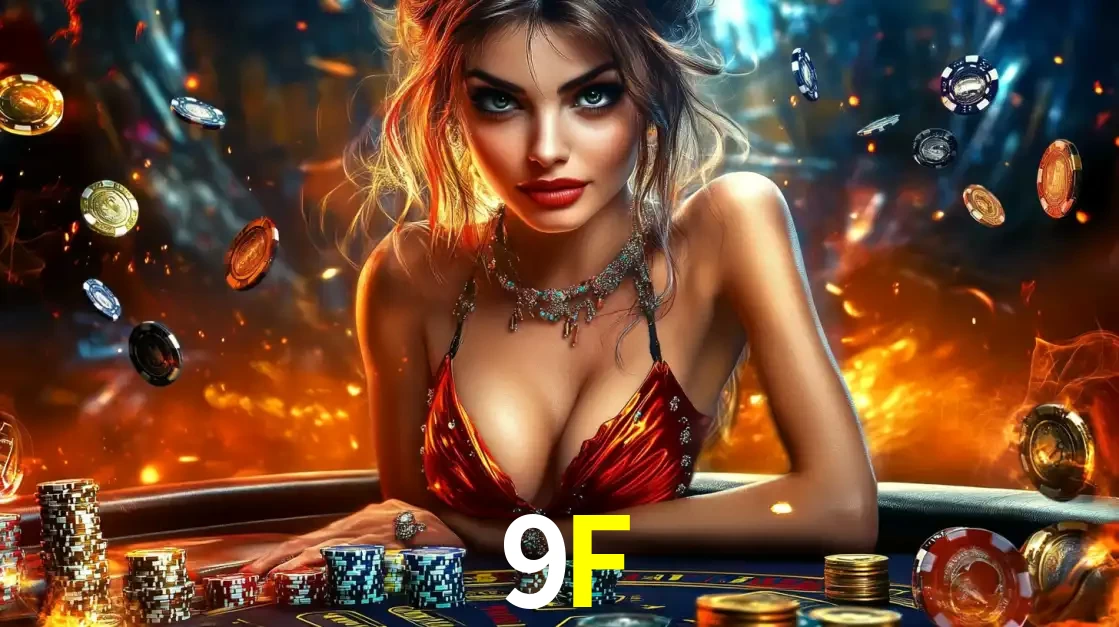 Mulher em uma mesa de cassino com pilhas de fichas e um fundo de fogo, pronta para uma rodada de altas apostas nos jogos de mesa emocionantes do cassino 9F.
