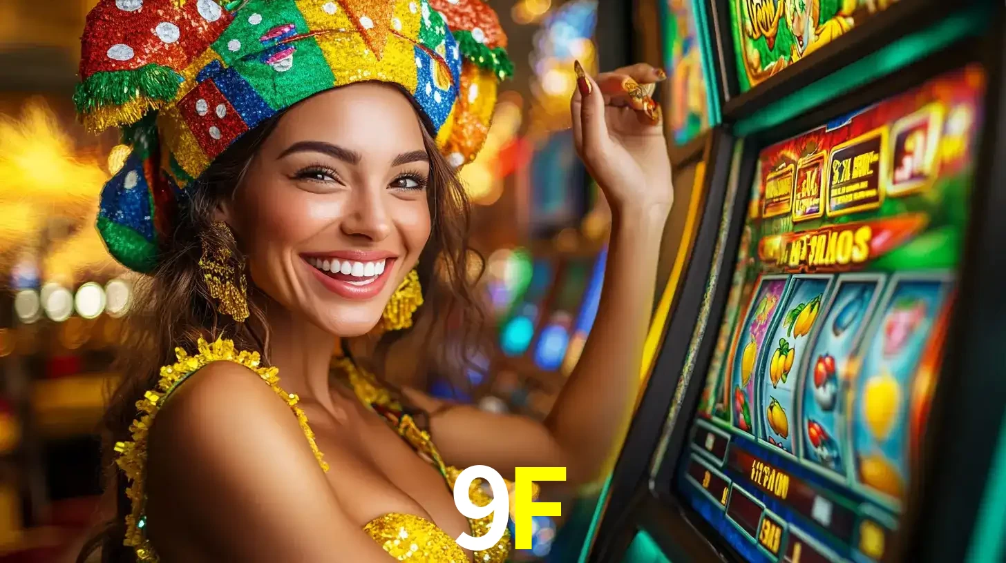 Mulher feliz com traje de carnaval amarelo e colorido ao lado de uma máquina de caça-níqueis, aproveitando a diversão e os jogos temáticos do cassino 9F.