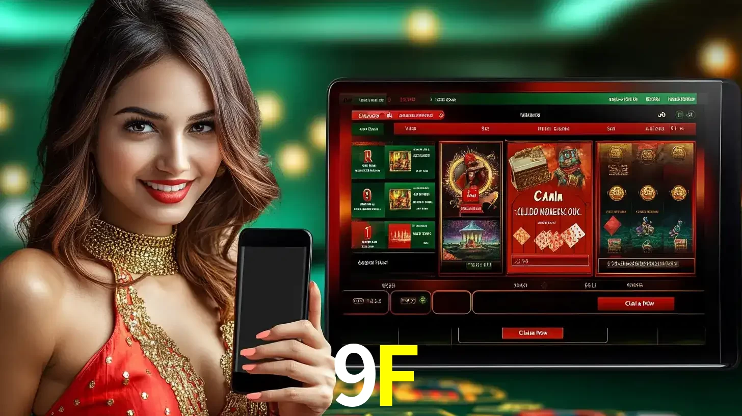 Mulher sorridente segurando um smartphone, ao lado de uma tela exibindo o lobby de jogos do cassino online 9F, com várias opções de jogos de cartas e slots.